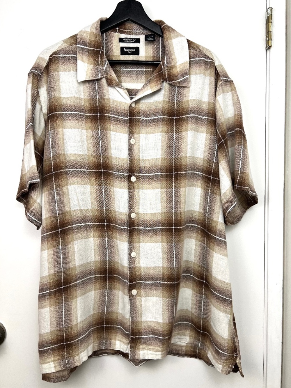 Haggar Washable Linen Lightweight Plaid Shirt XL Brown/Natural Summer